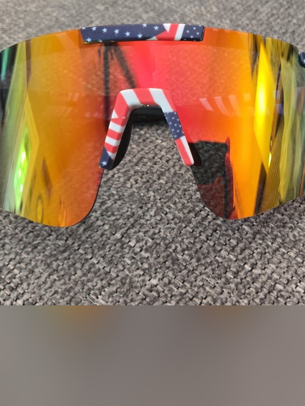 Unisex Shield Sunglasses with American Flag Accent - Red Mirror Lens